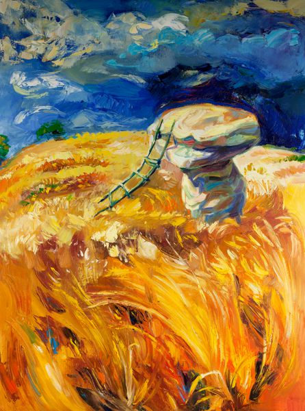 نقاشی رنگ روغن اصلی آسمان طوفانی بر فراز مزارع گندم روی بوم سنگ ها و نردبان امپرسیونیسم مدرن