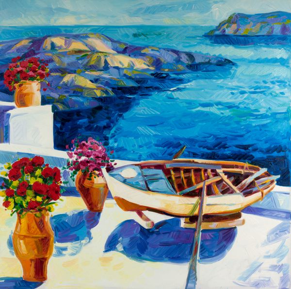 نقاشی رنگ روغن اصلی که خانه‌های سفید و گل‌های روستای اویا در جزیره سانتورینی را با منظره دریا نشان می‌دهد یونان امپرسیونیسم مدرن