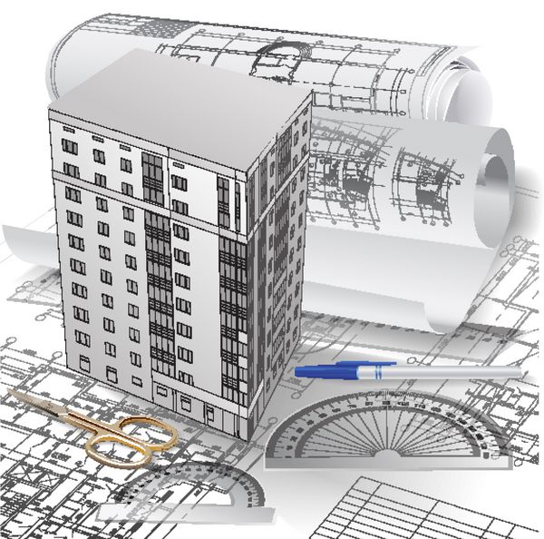 پس زمینه معماری با مدل ساختمان سه بعدی و رول نقشه های فنی بخشی از پروژه معماری وکتور کلیپ آرت