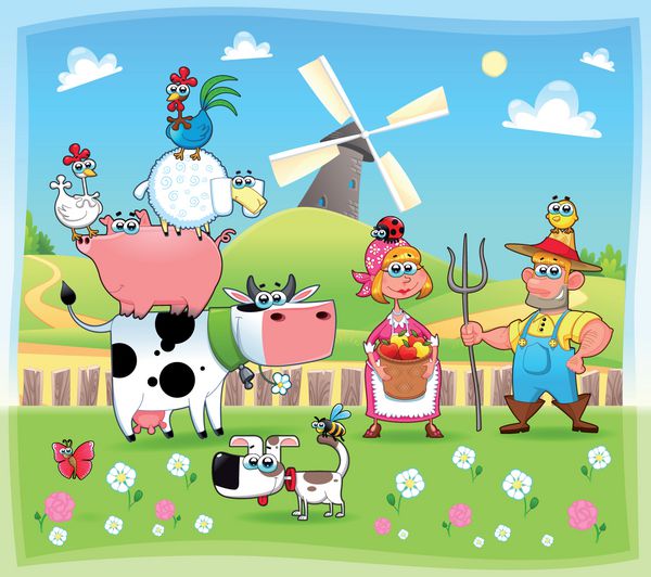 خانواده مزرعه خنده دار کارتون و وکتور فایل Eps شامل اشیاء و کاراکترهای جدا شده است