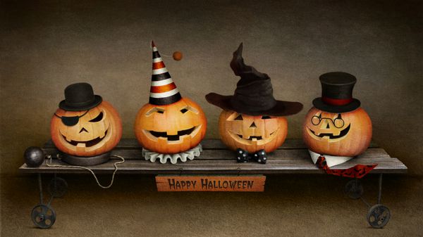 کارت تبریک هالووین مبارک چهار دوست در واگن برقی