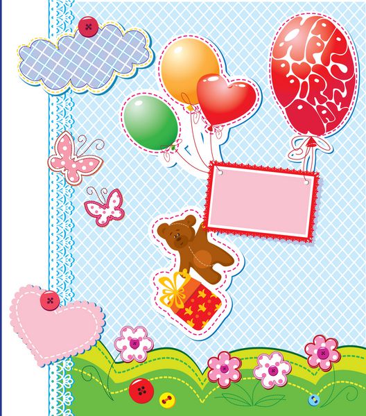 کارت تولد نوزاد با خرس عروسکی و جعبه هدیه پرواز با بادکنک