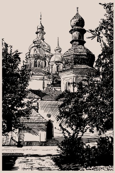 طراحی دیجیتال کلیسای اوکراینی سبک حکاکی کیف صومعه Mihaylovskiy