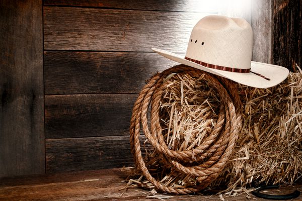 کلاه حصی سفید گاوچران وست رودئو آمریکایی با طناب سنتی مزرعه داری غربی روی یک عدل یونجه در انبار قدیمی مزرعه چوبی که با نور پراکنده روشن شده است