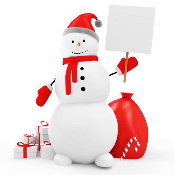 آدم برفی با تخته خالی و لوازم کریسمس جدا شده در پس زمینه سفید