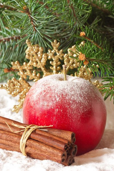 ترکیب کریسمس با سیب دانه های برف طلایی و دسته ای از چوب دارچین در برف