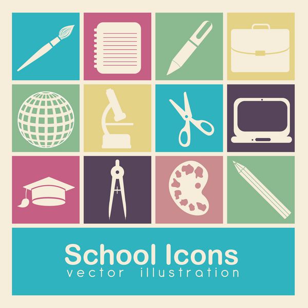تصویرسازی آیکون های مدرسه نمادهای دانش آموزی بازگشت به کلاس وکتور