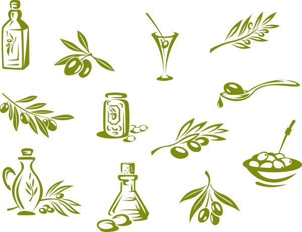 نمادهای زیتون سبز و روغن ارگانیک جدا شده در پس زمینه سفید مانند یک الگوی لوگو نسخه Jpeg نیز در گالری موجود است