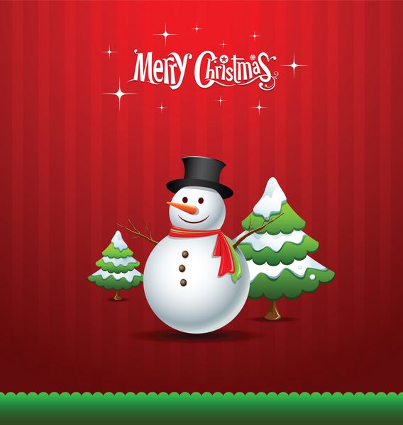 کارت تبریک آدم برفی و درخت سبز کریسمس مبارک وکتور