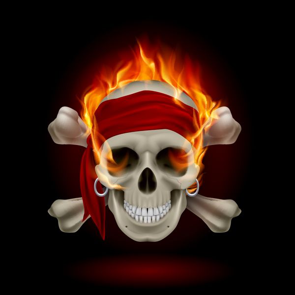 جمجمه دزدان دریایی در شعله های آتش تصویر روی مشکی