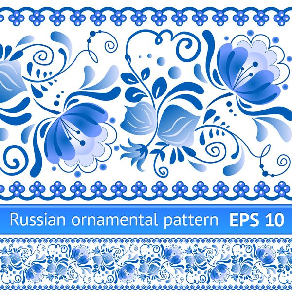 الگوی گل ملی روسیه به سبک Gzhel یک مارک سرامیک روسی رنگ آمیزی شده با آبی روی سفید