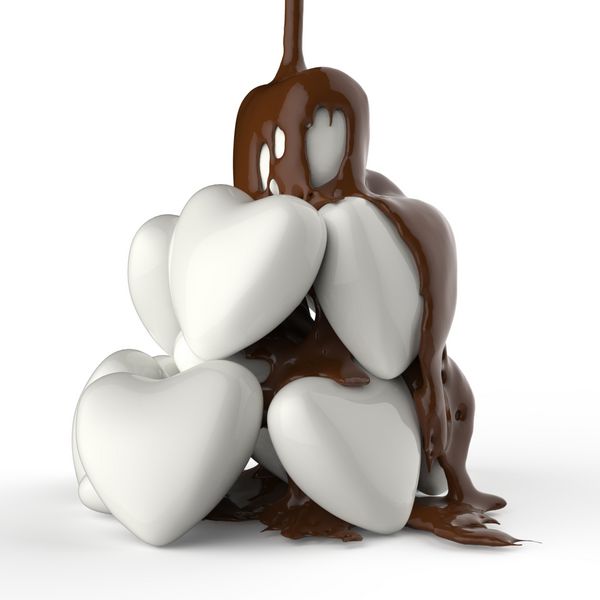 نشت شربت شکلات از نماد شکل قلب در پس زمینه سفید