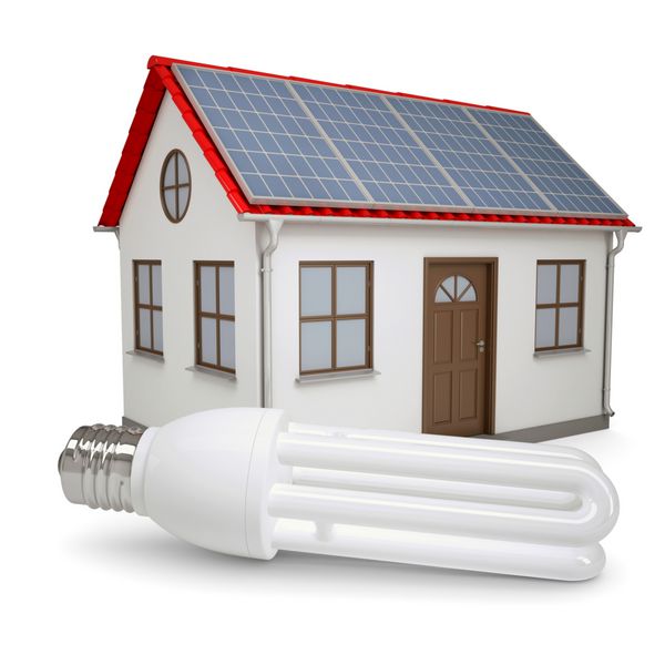 لامپ کم مصرف در پس زمینه خانه با پنل های خورشیدی رندر جدا شده در پس زمینه سفید