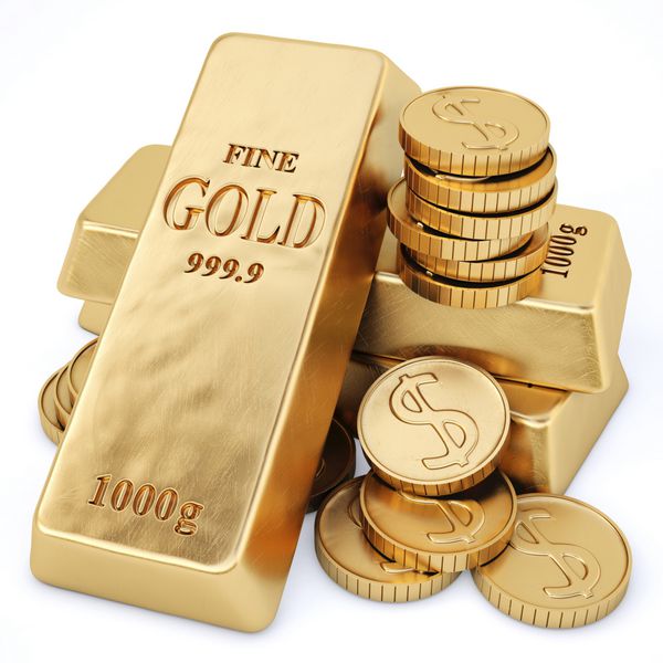 شمش طلا و سکه طلا جدا شده روی سفید