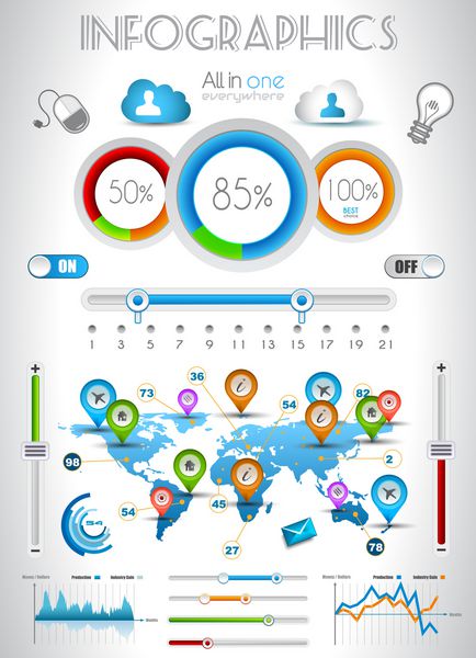 عناصر اینفوگرافیک - مجموعه ای از برچسب های کاغذی آیکون های فناوری پردازش ابری نمودارها برچسب های کاغذی فلش ها نقشه جهان و غیره ایده آل برای نمایش داده های آماری