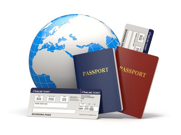 سفر جهانی زمین بلیط هواپیما و پاسپورت در پس زمینه سفید 3 بعدی