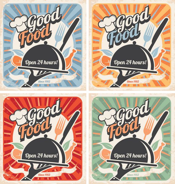 مجموعه ای از پوسترهای رستوران رترو پس زمینه وکتور غذای قدیمی با کلاه سرآشپز بشقاب چنگال و چاقو مجموعه ای از قالب های قدیمی غذا و غذا برای رستوران ها