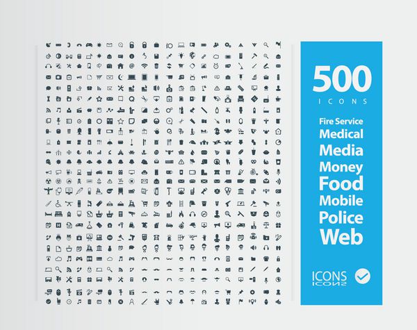 مجموعه 500 آیکون با کیفیت آیکون های خدمات آتش نشانی نمادهای پزشکی نمادهای رسانه نمادهای پول نمادهای غذا نمادهای موبایل نمادهای پلیس آیکون های وب