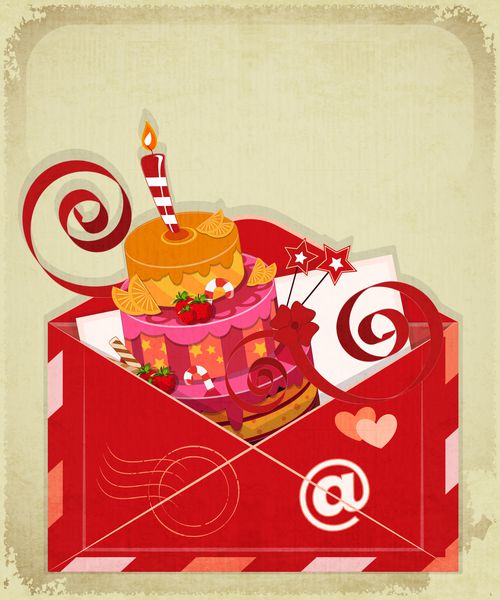 کارت تولد قدیمی با کیک توت شکلاتی در پاکت نامه مفهوم ایمیل وکتور