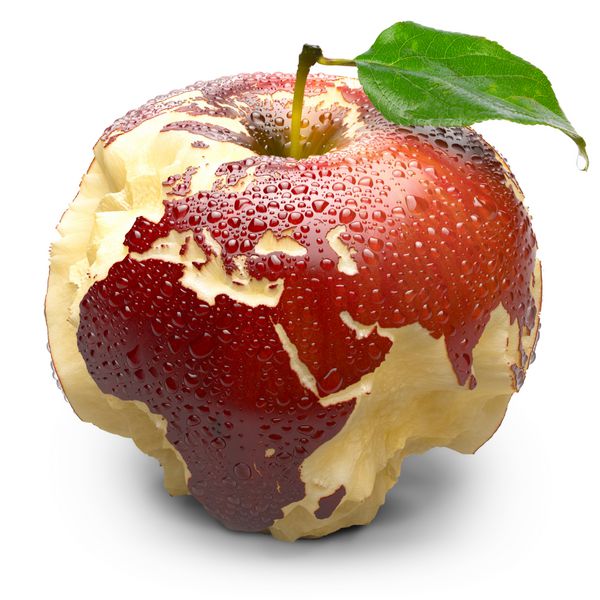 سیب سرخ رسیده خمیر آبدار آن اقیانوس ها را عمیقا کنده کاری کرده است پوست سیب به شکل دقیق قاره های اروپا و آفریقا پوشیده از قطرات آب است جدا شده بر روی پس زمینه سفید