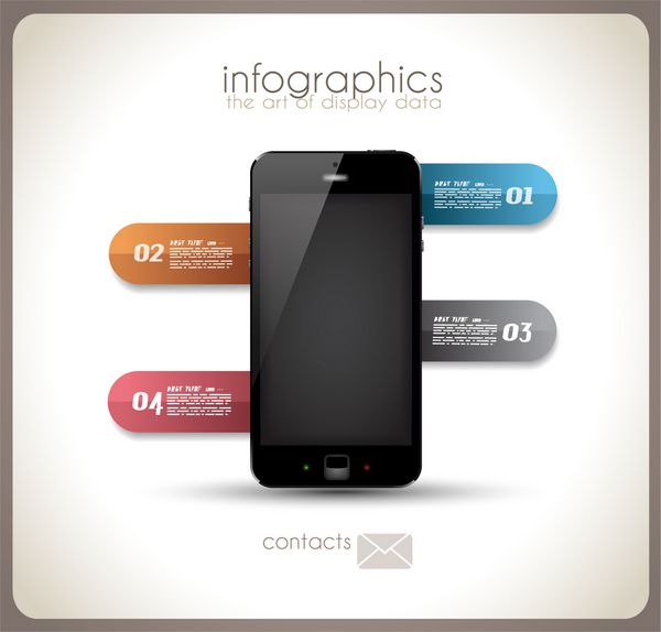 قالب Infographics Desgin با گوشی هوشمند با تکنولوژی بالا با صفحه لمسی و تعداد زیادی برچسب کاغذی
