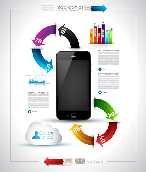 قالب Infographics Desgin با گوشی هوشمند با تکنولوژی بالا با صفحه لمسی و تعداد زیادی برچسب کاغذی