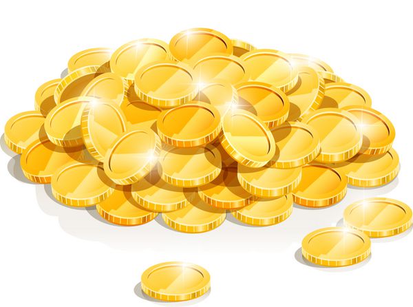 تصویر وکتور پشته سکه طلایی جدا شده در پس‌زمینه سفید اشیاء شفاف و ماسک های کدورت که برای طراحی سایه ها و نورها استفاده می شود وکتور