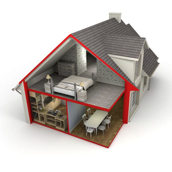 رندر سه بعدی یک خانه که نمای بیرونی و داخلی را نشان می دهد