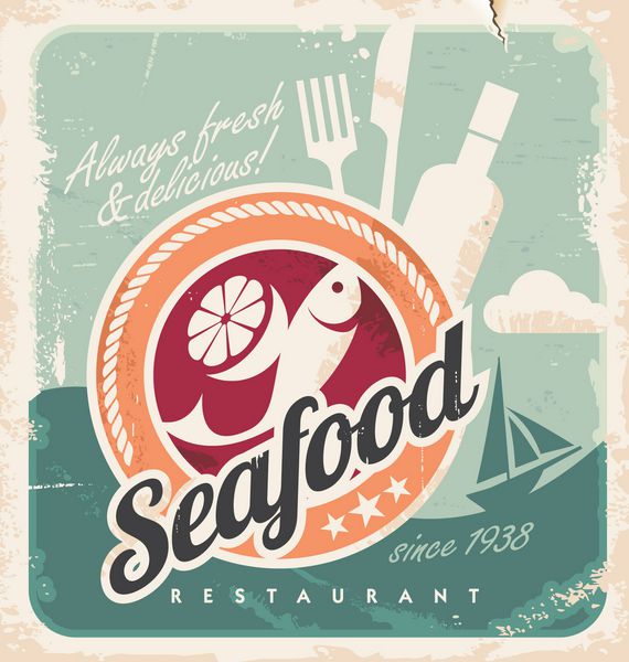 پوستر قدیمی برای رستوران غذاهای دریایی وکتور رترو پس زمینه کاغذ قدیمی با ماهی و غذا طراحی گرافیکی قدیمی
