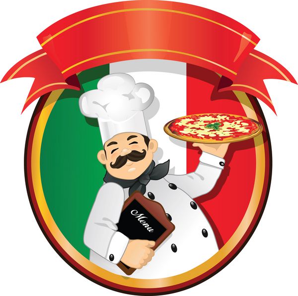 آشپزی که یک پیتزا و یک منو در داخل یک دایره پرچم ایتالیا و بنر قرمز رنگ در دست دارد