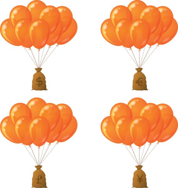مجموعه ای از دسته های بالن های نارنجی که با کیسه های پول پرواز می کنند حاوی شفافیت ها است بردار