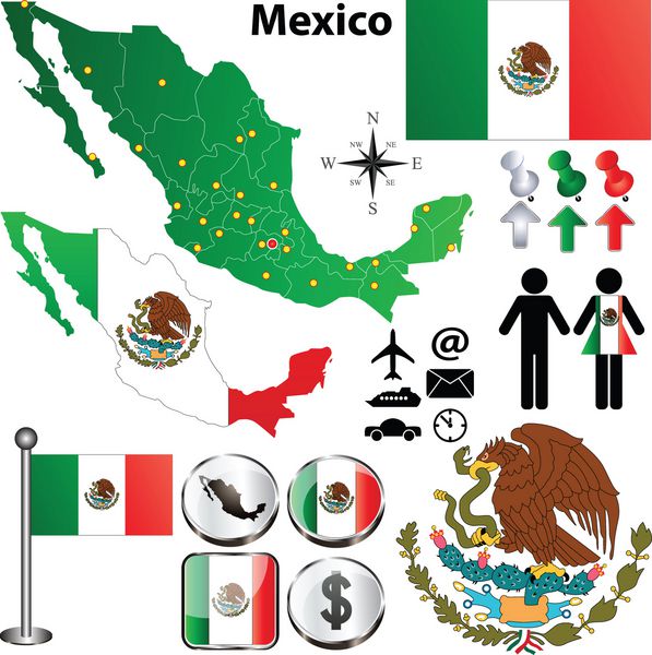 وکتور نقشه مکزیک با مناطق روی سفید