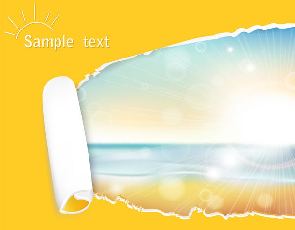 منظره غروب خورشید در پس زمینه دریا و ساحل در یک قاب شیک از کاغذ پاره زرد