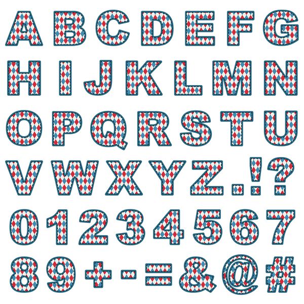 اشکال الفبای الگوی هارلکین دوخته شده با حروف اعداد و علائم نگارشی جدا شده روی سفید