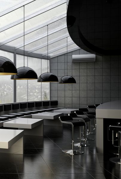 رندر سه بعدی از فضای داخلی رستوران مدرن