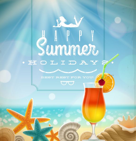 تصویر تعطیلات تابستانی با حروف تبریک و نمادهای استراحتگاه استوایی در یک ساحل آفتابی