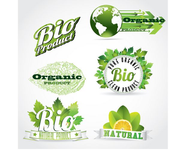 مجموعه برچسب طبیعی eco bio با برگ نعناع و تکه لیمو در همه سبک های مختلف از مدرن تا رترو
