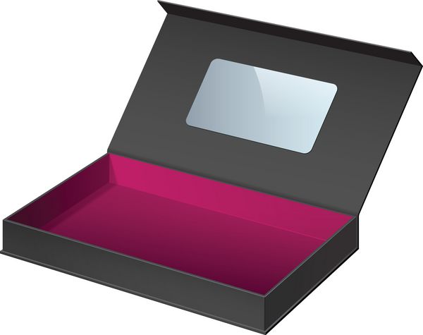 جعبه مقوایی بسته سیاه واقعی باز شد برای هدیه جواهرات وسایل الکترونیکی و چیزهای دیگر وکتور در لایه های جداگانه جعبه و برچسب