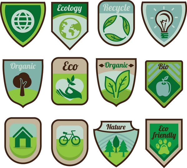 وکتور برچسب ها و برچسب های سبز با علائم و نمادهای اکولوژی