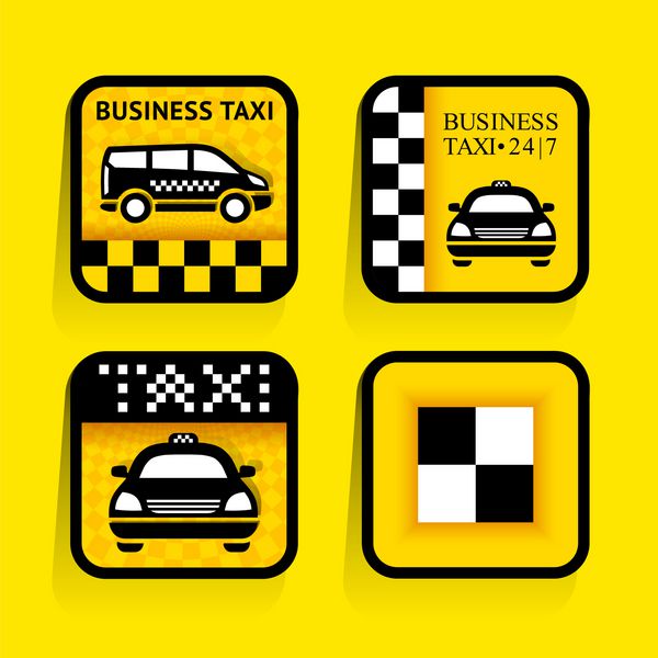 تاکسی - برچسب‌های مربعی را روی پس‌زمینه زرد وکتور تنظیم کنید