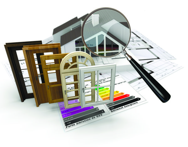 مفهوم ساخت و ساز خانه با نمودار بهره وری انرژی و مجموعه ای از درها و پنجره ها