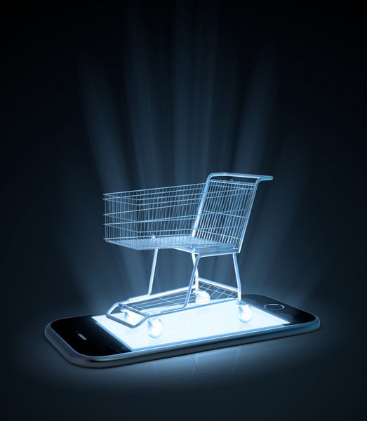 یک سبد خرید در تلفن هوشمند - مفهوم تجارت تلفن همراه