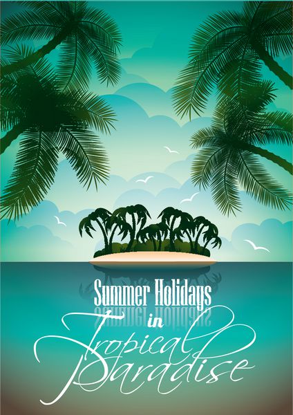 وکتور طرح بروشور تعطیلات تابستانی با درختان نخل و جزیره بهشتی در پس زمینه ابر تصویر