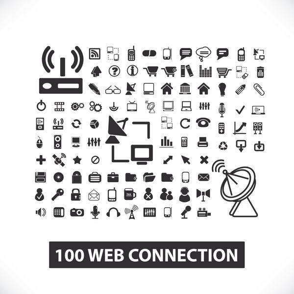100 اتصال وب سیاه ارتباطات شبکه آیکون های اینترنت مجموعه علائم وکتور