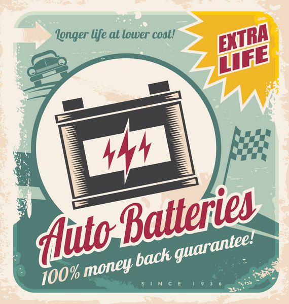 طراحی پوستر باتری های خودکار رترو پس زمینه قدیمی برای خدمات خودرو یا فروشگاه قطعات خودرو