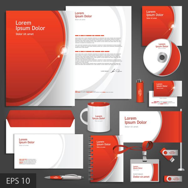 الگوی هویت شرکتی قرمز با عناصر خاکستری وکتور سبک شرکت برای برند و دستورالعمل
