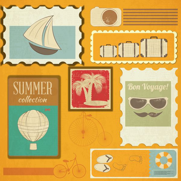 کارت سفر تابستانی به سبک قدیمی کارت پستال تعطیلات گرانج با اقلام تابستانی به سبک قدیمی وکتور