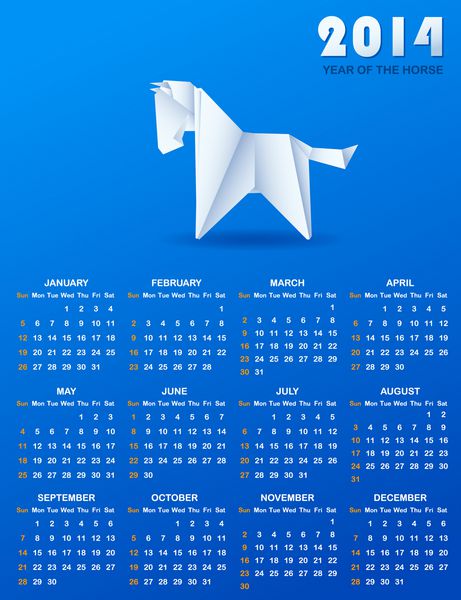 تقویم سال 2014 با اسب کاغذی
