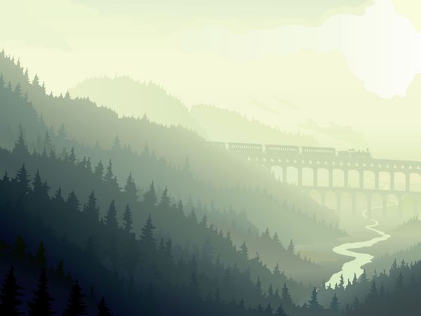 وکتور از لوکوموتیو روی پل قنات در چوب سوزنی برگ وحشی با رودخانه در مه صبحگاهی