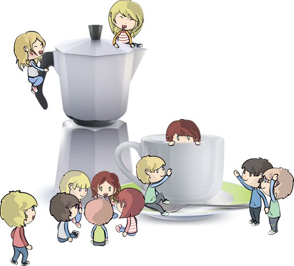 بچه ها در اطراف فنجان قهوه و قهوه جوش طراحی وکتور